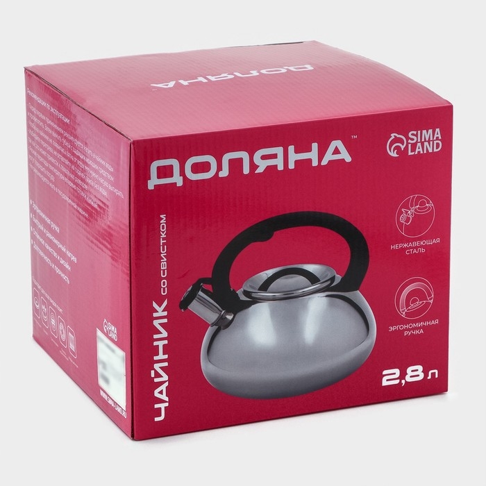 Чайник со свистком из нержавеющей стали Доляна &laquo;Квант&raquo;, 2,8 л, фиксированная ручка soft-touch, цвет хромированный