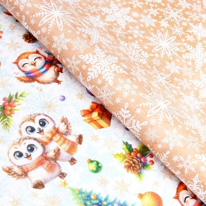 Бумага упаковочная новогодняя "Совушки", глянец, двусторонняя, 80 г/м2 , 70 х 100 см.