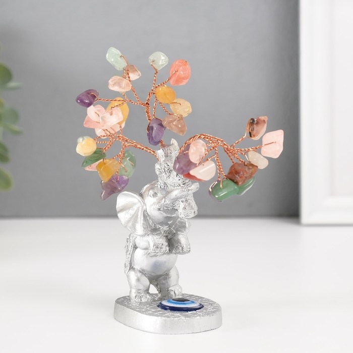 Сувенир бонсай "Серебристый слон с денежным деревом" цветные 36 камней 6,2х4,5х13,5 см