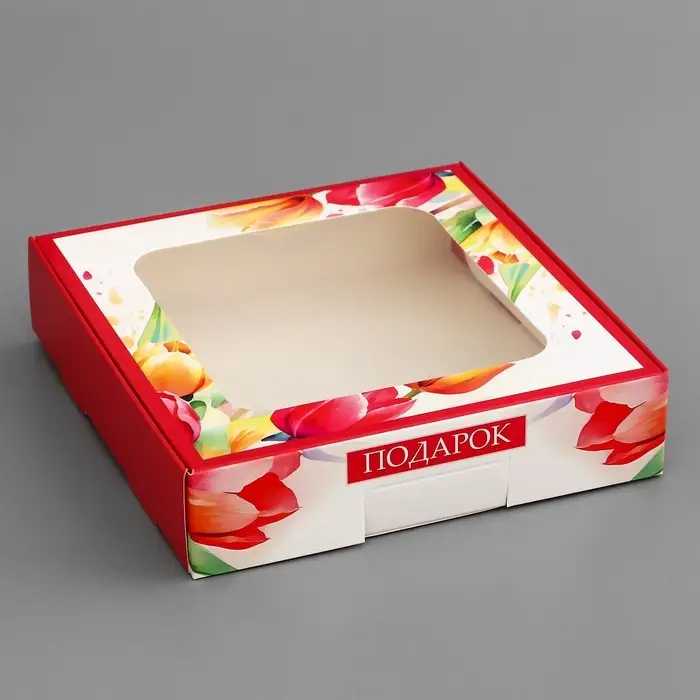 Коробка подарочная сборная с окном, упаковка, &laquo; С 8 марта&raquo;, 13&times;13&times;3 см