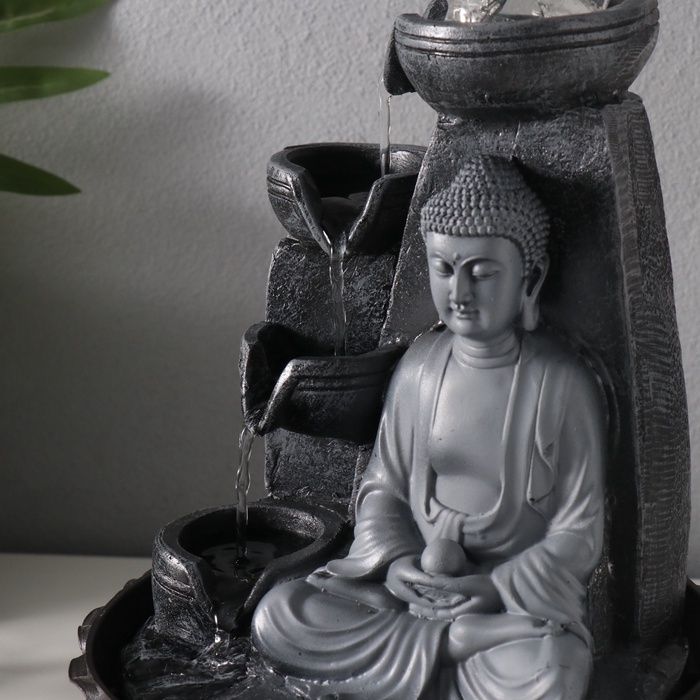 Фонтан настольный от сети, подсветка "Будда у скалы с чашами" серый 20х20х30 см