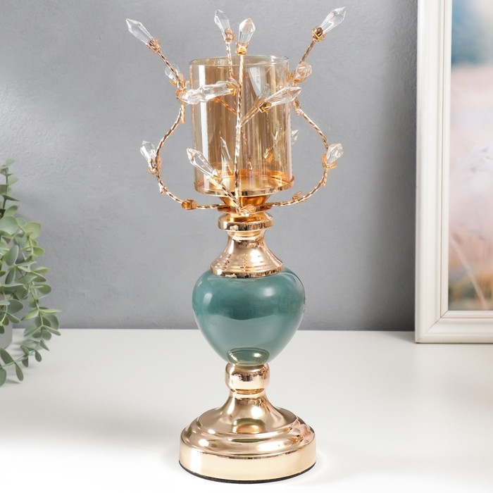 Подсвечник металл на 1 свечу "Веточки с кристаллами. Сине-зелёный шар" золото 34х17х17 см