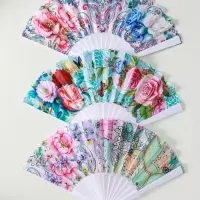 Веер пластик, текстиль "Цветы и узоры" МИКС широкие лопасти, золото 23 см