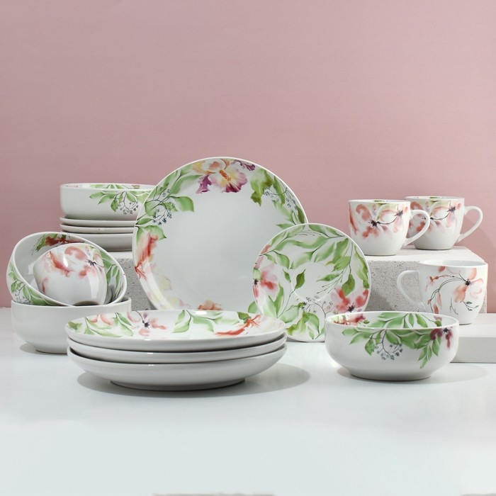 Набор посуды на 4 персоны &laquo;Акварель&raquo;, 16 предметов: 4 тарелки 23 см, 4 миски 14.5 см, 4 кружки 250 мл, 4 блюдца 15 см.