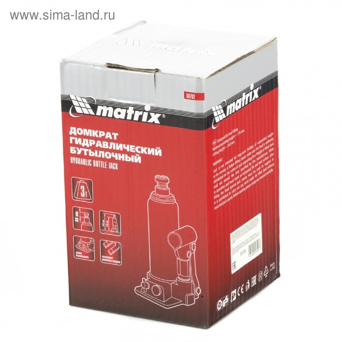 Домкрат гидравлический MATRIX 50762, бутылочный, 3 т, высота подъема 178-343 мм Домкрат гидравлический MATRIX 50762, бутылочный, 3 т, высота подъема 178-343 мм