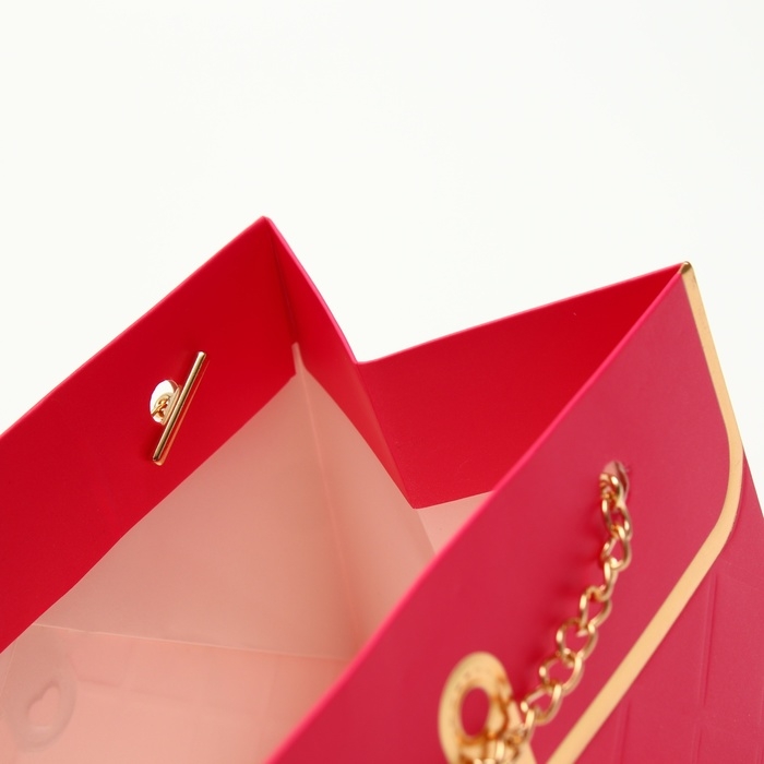 Пакет для цветов, ручка цепь, Пакет для цветов, ручка цепь, "Малиновый", с золотым тиснением, 15 х 10,5 х 10 см