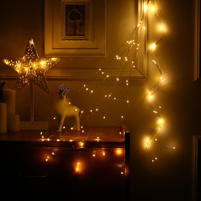 Гирлянда &laquo;Конский хвост&raquo; 10 нитей по 1 м, IP20, медная нить, 100 LED, 2 режима, батарейки AAх3 (нет в комплекте), свечение тёплое белое