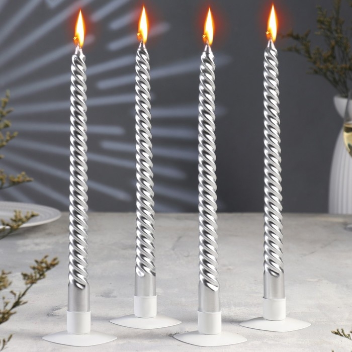 Набор Свечей витых, 2,2х 30 см, 4 штук, серебряный металлик Набор Свечей витых, 2,2х 30 см, 4 штук, серебряный металлик