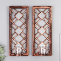 Подсвечник пластик, стекло на 1 свечу "Зеркальные ромбы" н-р 2 шт d-4 см золото 8х12х30,5 см   90688