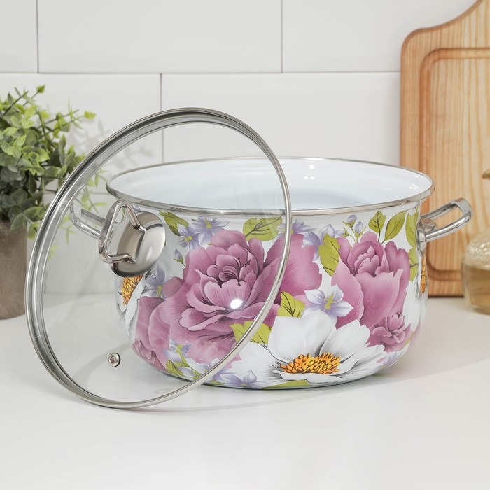 Кастрюля эмалированная &laquo;Пион&raquo;, 5.1 л, стеклянная крышка, индукция