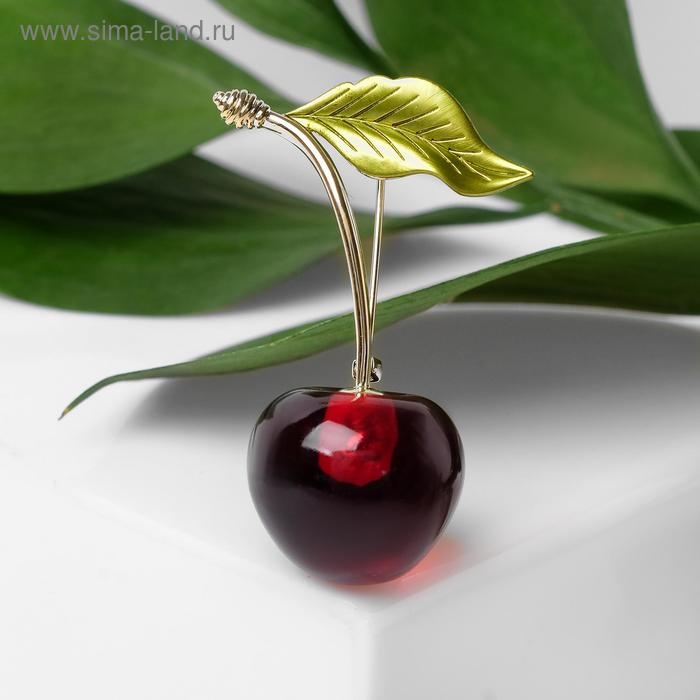 Брошь &laquo;Вишенка&raquo; с листочком, цвет бордово-зелёный в золоте