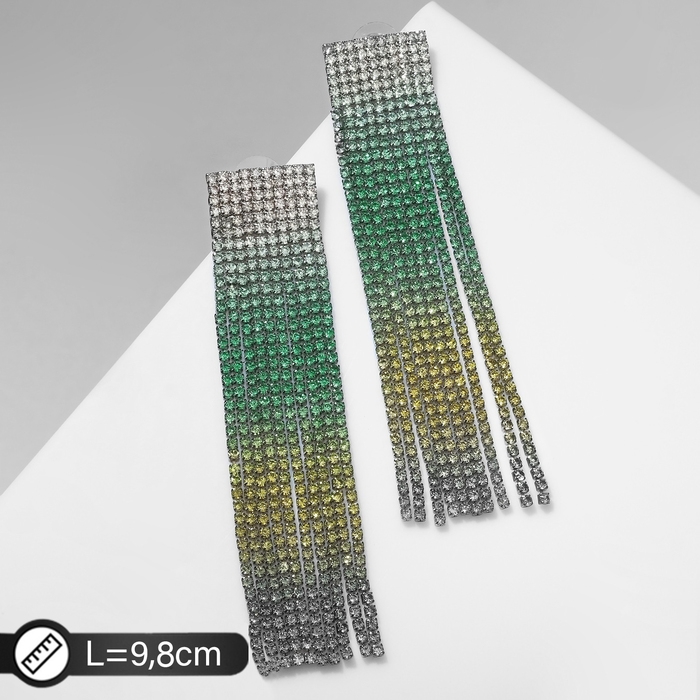 Серьги висячие со стразами «Водопад» градиент, цветные в серебре, 9,8 см Серьги висячие со стразами «Водопад» градиент, цветные в серебре, 9,8 см