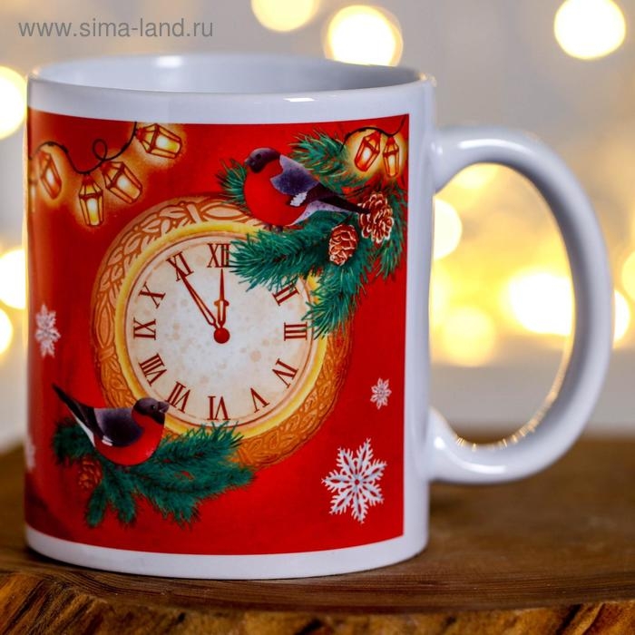Кружка новогодняя, сублимация "Нового Волшебного Года!" снегирь, часы