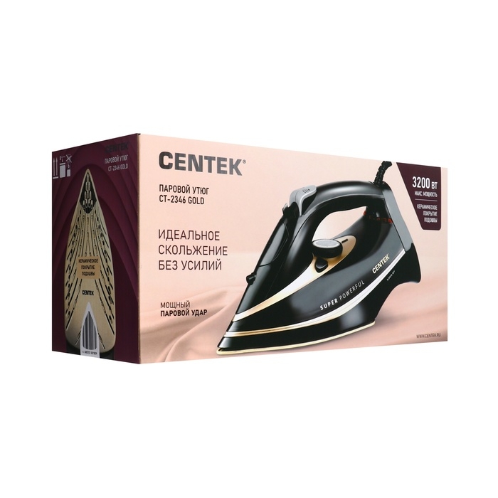 Утюг Centek CT-2346, 3200 Вт, керамика, 380 мл, капля-стоп, пар. удар, черно-золотистый Утюг Centek CT-2346, 3200 Вт, керамика, 380 мл, капля-стоп, пар. удар, черно-золотистый