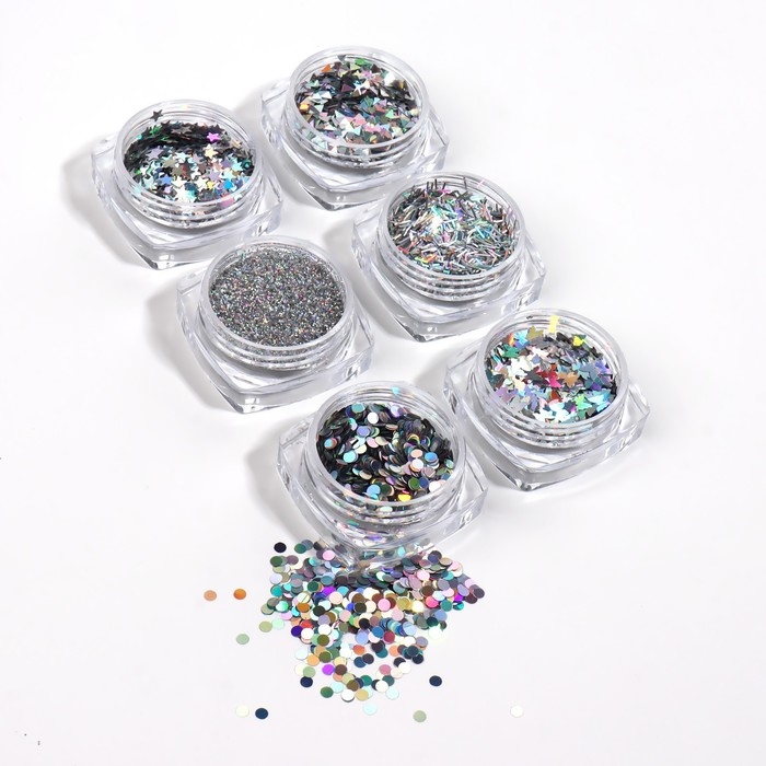 Набор для декора ногтей, в пластиковом органайзере, 6 баночек, цвет серебристый Набор для декора ногтей, в пластиковом органайзере, 6 баночек, цвет серебристый