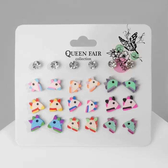 Серьги пусеты QF &laquo;Единороги милашки&raquo;,12 пар, цветные в серебре