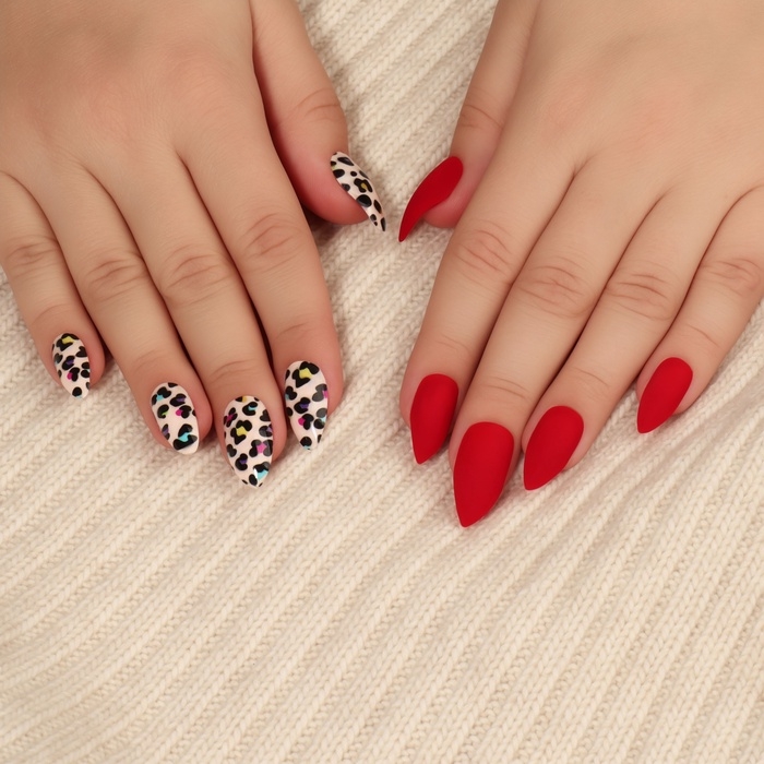 Накладные ногти &laquo;Лео&raquo;, 12 шт, с клеевыми пластинами, форма миндаль, красные, бежевые