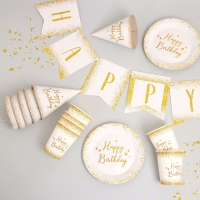Набор бумажной посуды одноразовый Happy Birthday, 6 тарелок , 1 гирлянда , 6 стаканов, 6 колпаков Набор бумажной посуды одноразовый Happy Birthday, 6 тарелок , 1 гирлянда , 6 стаканов, 6 колпаков