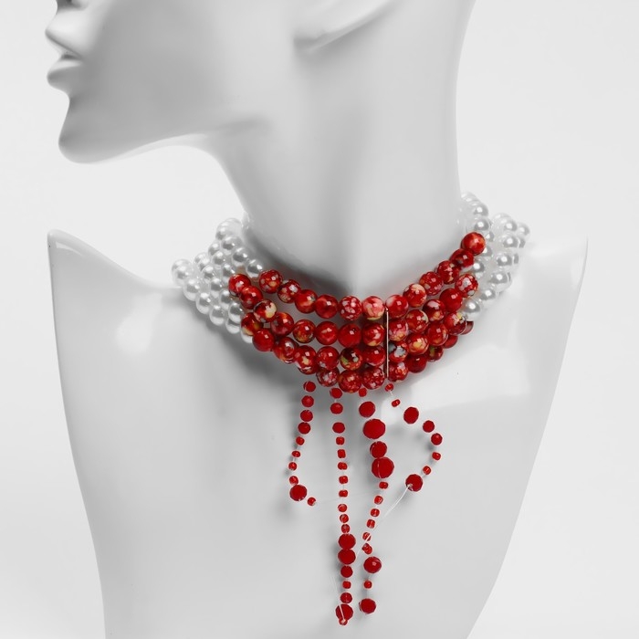 Колье с жемчугом &laquo;Готика&raquo; кровавое, шар №6, цвет красно-белый в серебре, L=32 см