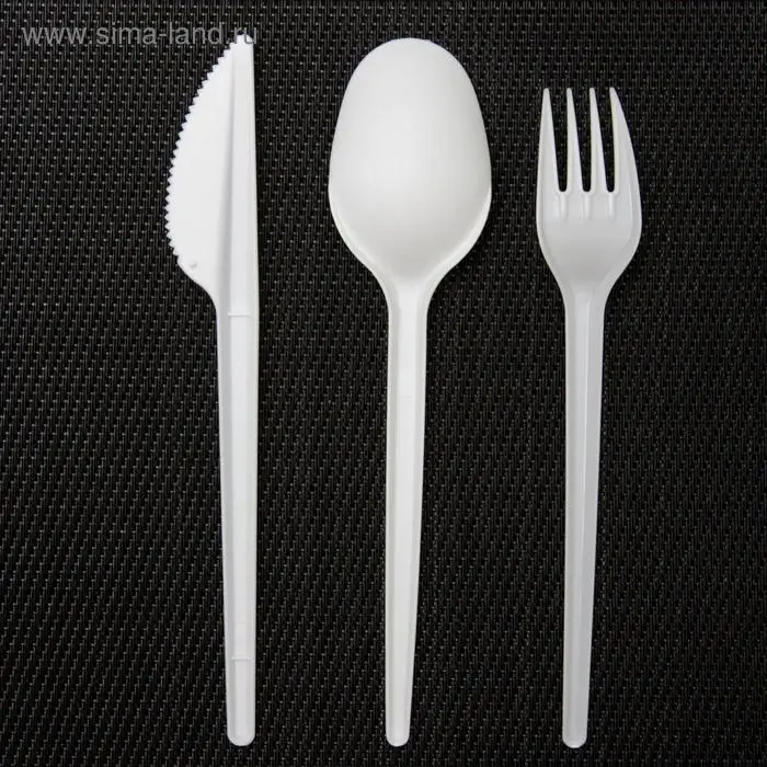 Набор пластиковых одноразовых столовых приборов 5 в 1: вилка, ложка, нож, салфетка, зубочистка, цвет белый