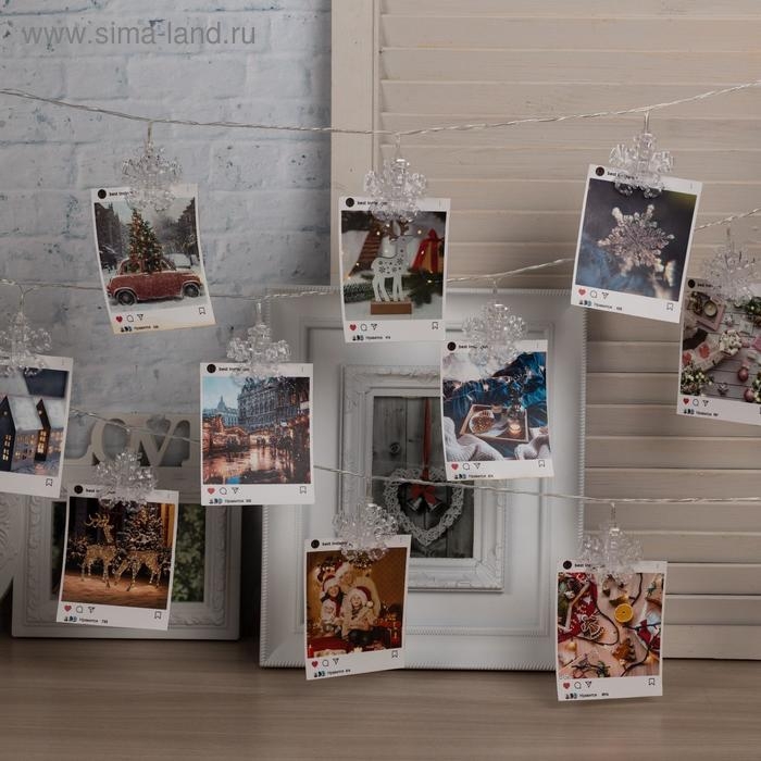 Гирлянда &laquo;Нить&raquo; 4.5 м с насадками &laquo;Прищепки-снежинки&raquo;, IP20, прозрачная нить, 20 LED, свечение белое, 220 В