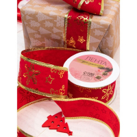 Лента бархатная с металлической нитью &laquo;Снежинки&raquo;, 38 мм &times; 9 &plusmn; 0,5 м, цвет красный/золотой