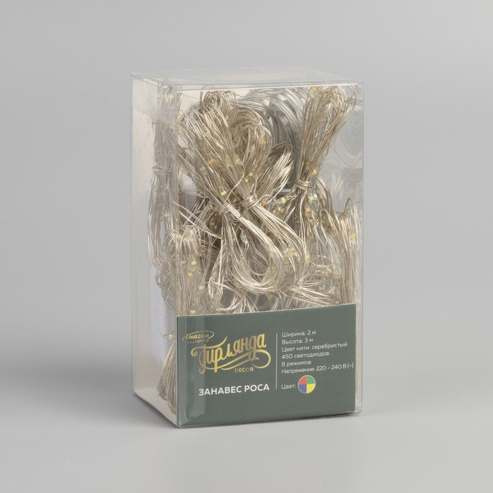 Гирлянда &laquo;Занавес&raquo; 2 &times; 3 м роса, IP20, серебристая нить, 450 LED, свечение мульти, 8 режимов, 220 В