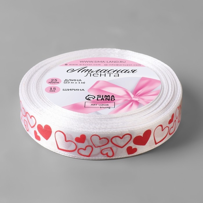 Лента атласная &laquo;Сердечки&raquo;, 15 мм &times; 23 &plusmn; 1 м, цвет белый/красный №001