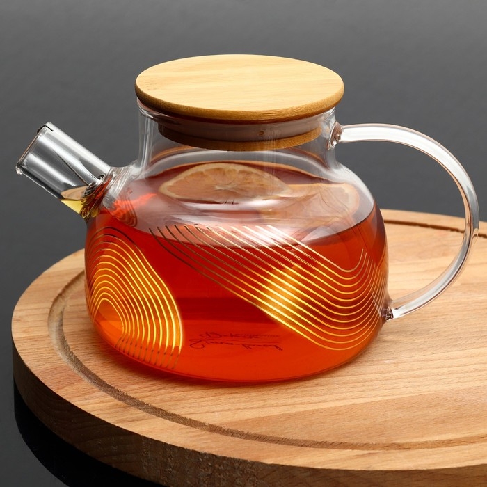 Чайник стеклянный заварочный с бамбуковой крышкой &laquo;Геометрия&raquo;, 800 мл