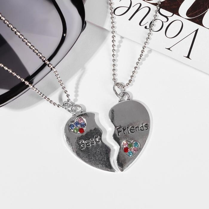 Кулоны &laquo;Неразлучники&raquo; сердце с камешками, цветные в серебре, 45 см