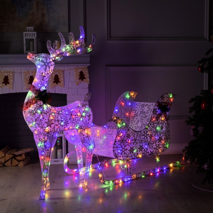 Светодиодная фигура «Олень с санями», олень: 65 × 123 × 25 см, сани: 110 × 55 × 45 см, металл, текстиль, 220 В, свечение мульти Светодиодная фигура «Олень с санями», олень: 65 × 123 × 25 см, сани: 110 × 55 × 45 см, металл, текстиль, 220 В, свечение мульти