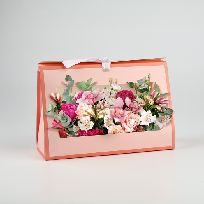 Складная коробка для цветов с окном &laquo;Цвети от счастья&raquo;, персиковая, 16 х 27 х 9 см