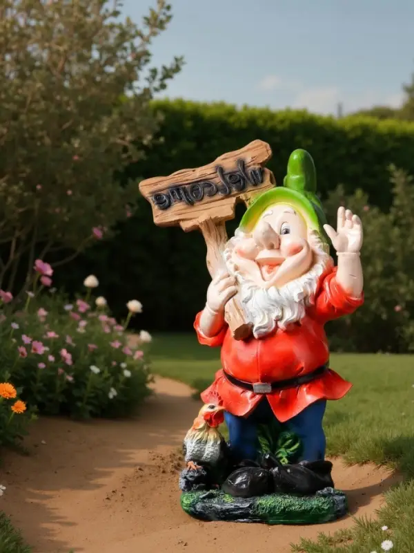 Садовая фигура из полистоуна &laquo;Гном с табличкой WELCOME с петухом&raquo;, 61&times;23&times;36 см, МИКС