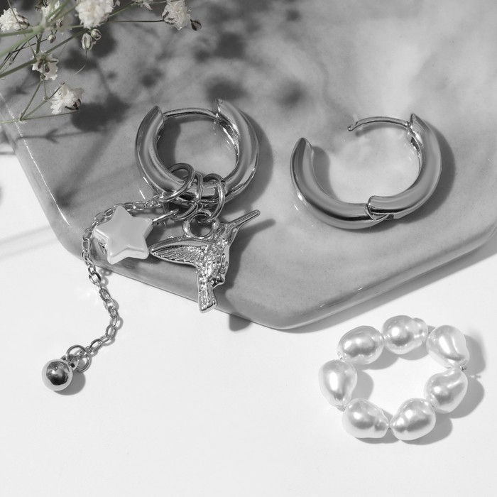 Серьги со съёмным элементом &laquo;Трансформер&raquo; птица, цвет белый в серебре