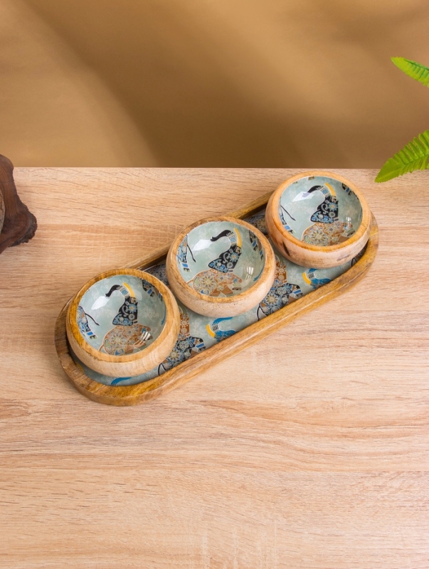 Набор розеток на подносе "Мудрый слон" (3 шт) дерево манго 33,5х13х6,5 см