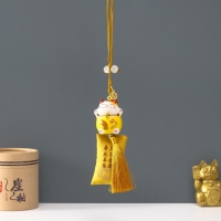 Подвеска керамика "Манэки-нэко с мешком удачи" жёлтый 3,8х4х25 см