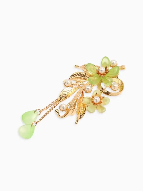 Брошь с жемчугом "Цветы", цвет светло-зеленый в золоте