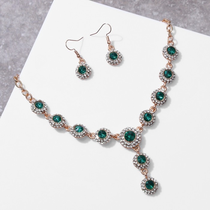 Набор 2 предмета: серьги, колье &laquo;Великолепный век&raquo;, цвет бело-изумрудный в золоте, 42 см