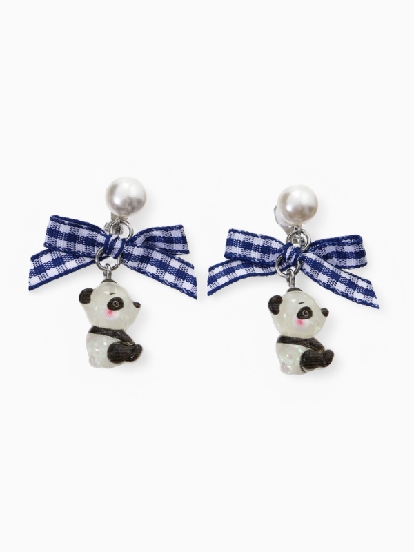 Серьги-клипсы детские "Выбражулька" панда с бантом клетка и жемчужиной, цветные