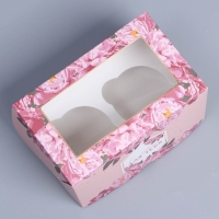 Коробка для капкейков, кондитерская упаковка с окном, 2 ячейки, &laquo;Цветы&raquo;, 16 х 10 х 10 см