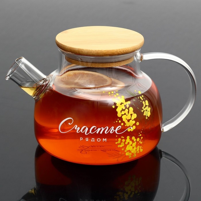 Чайник стеклянный заварочный с бамбуковой крышкой &laquo;Счастье рядом. Нежная мимоза&raquo;, 800 мл