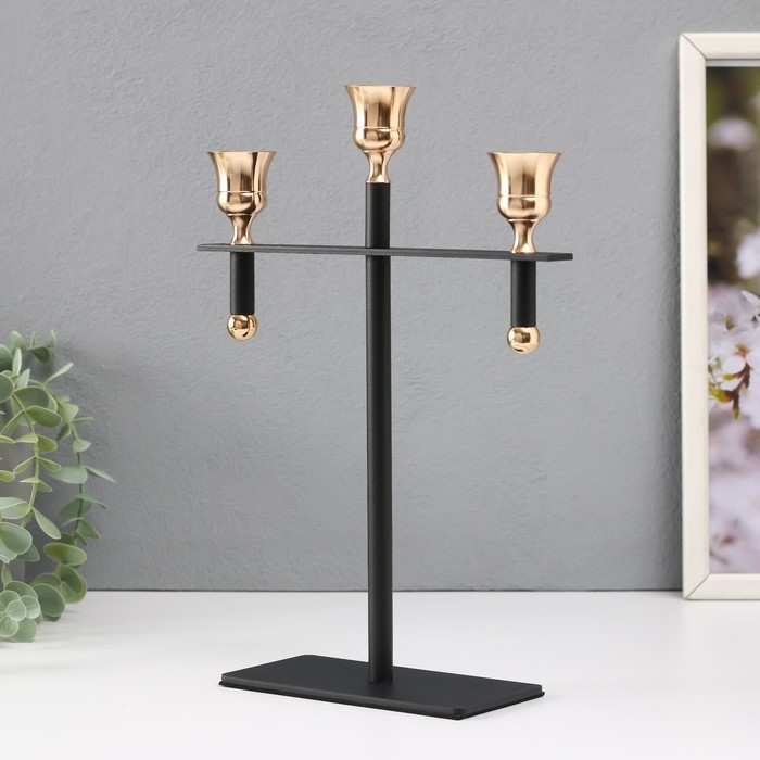 Подсвечник металл на 3 свечи "Кельт" d=2 см чёрный с золотом 20х7х28 см