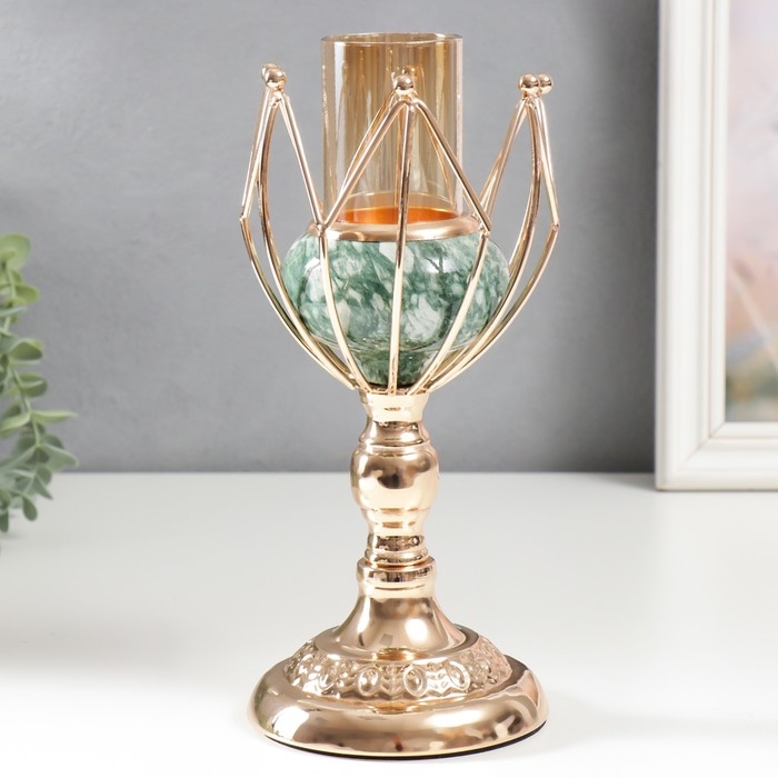 Подсвечник металл на 1 свечу "Бутон. Бело-зелёный мрамор" золото 25х11х11 см