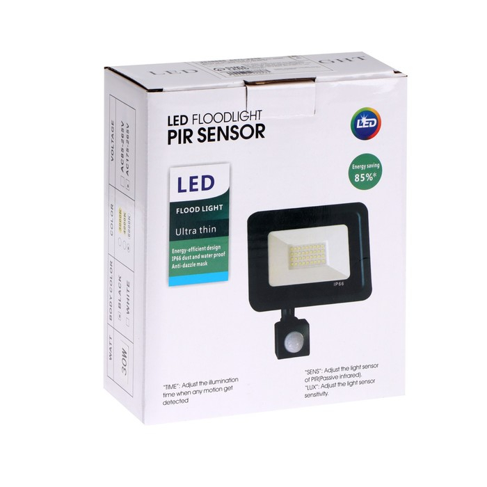 Прожектор светодиодный, 30 Вт, 2700 Лм, 6500К, Датчик движения, IP66 Прожектор светодиодный, 30 Вт, 2700 Лм, 6500К, Датчик движения, IP66