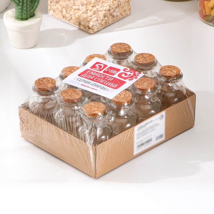 Набор баночек стеклянных для специй с пробковой крышкой Доляна &laquo;Парфе&raquo;, 70 мл, 4,5&times;8 см, 12 шт