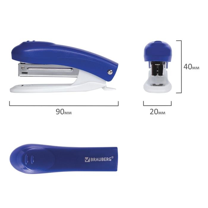 Степлер № 10 до 12 листов, BRAUBERG Einkommen, пластиковый корпус, встроенный антиСтеплер, синий