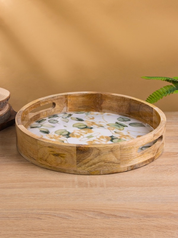 Поднос круглый с бортиками "Листья" дерево манго 35х35х6,5 см