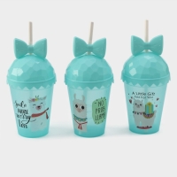 Стакан пластиковый с крышкой и трубочкой Доляна &laquo;Приключения ламы&raquo;, 500 мл, цвет МИКС