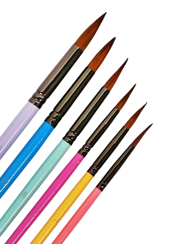 Набор кистей пони круглые 6 штук с цветными ручками пастель (№2,4,6,8,10,12)