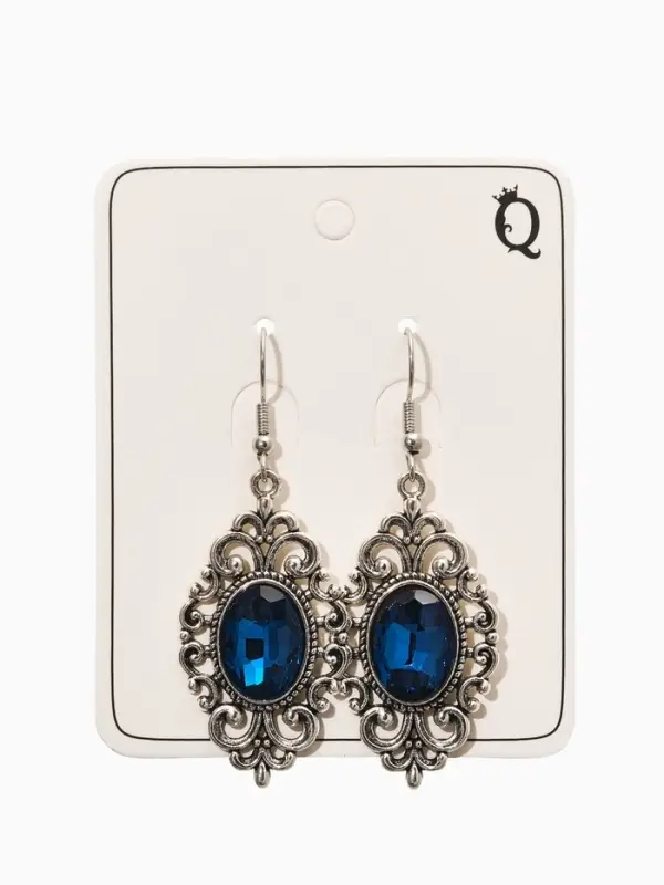 Серьги со стразми "Винтаж"  овал ажурный, цвет синий в чернёном серебре